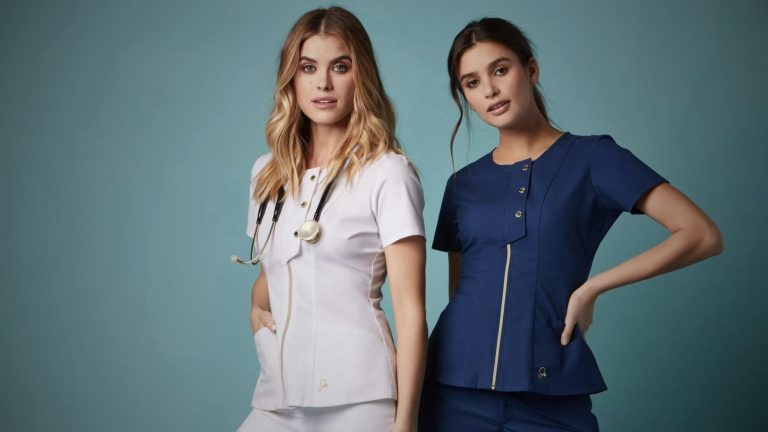 Two healthcare professionals standing in style wearing women's scrubs